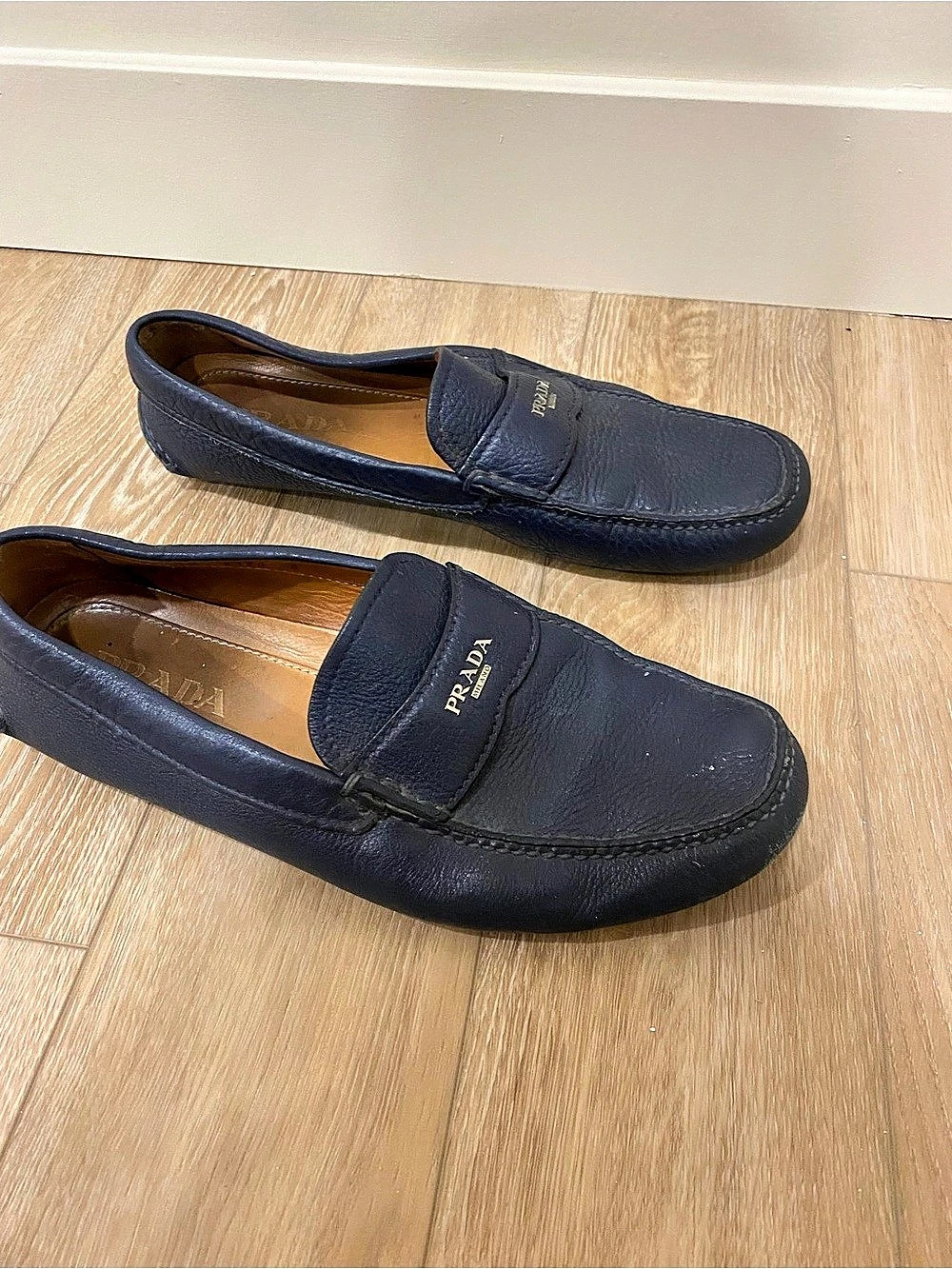 Prada Grained Leather Logo Penny Driving Loafers Navy